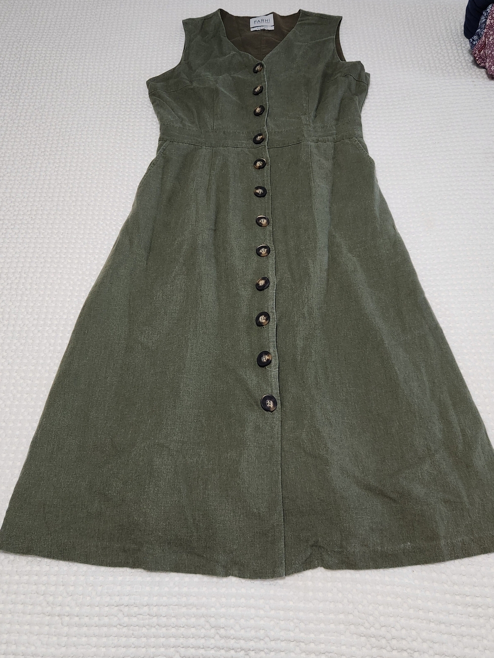 NICOLE FARHI Olive Sleeveless Button-Front Midi Dress